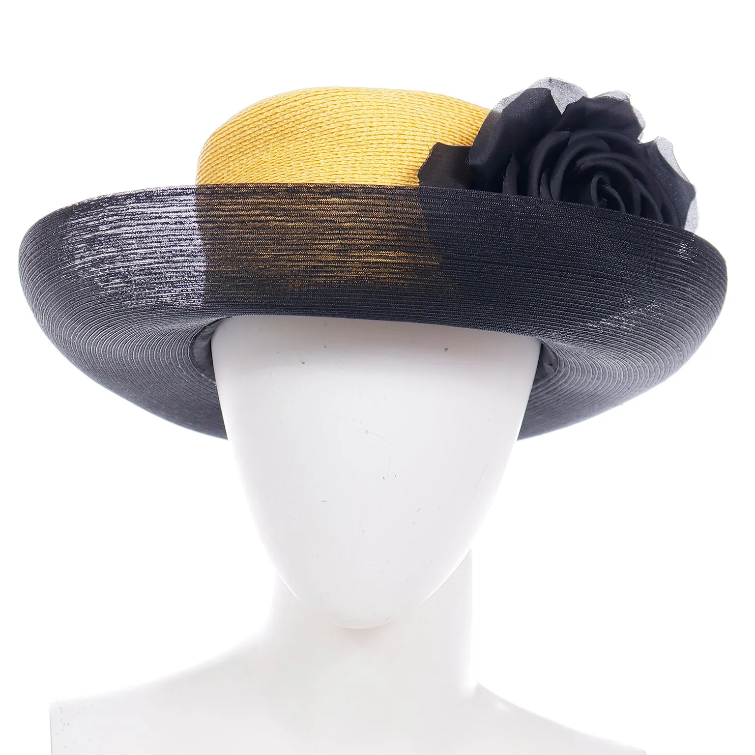 1990s Patricia Underwood Yellow And Black Net Hat With Flower