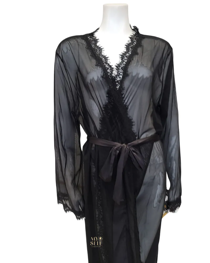 95-11136X Black Eyelash Sheer Lace Robe with Satin Sash