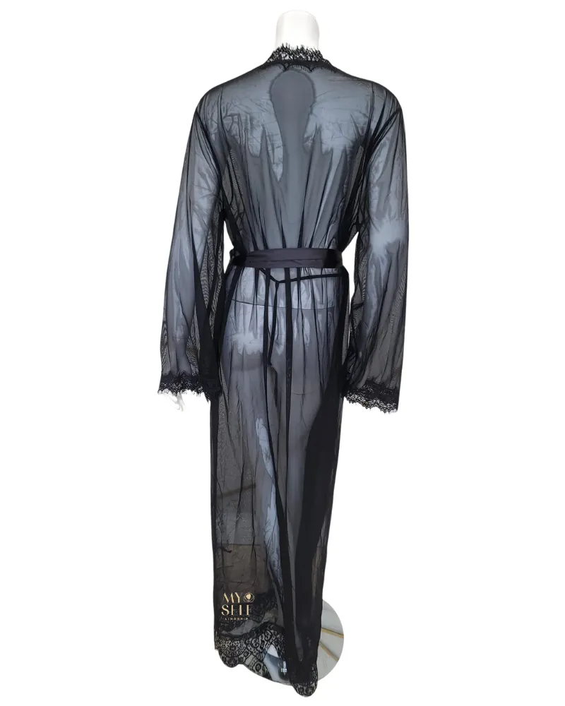 95-11136X Black Eyelash Sheer Lace Robe with Satin Sash
