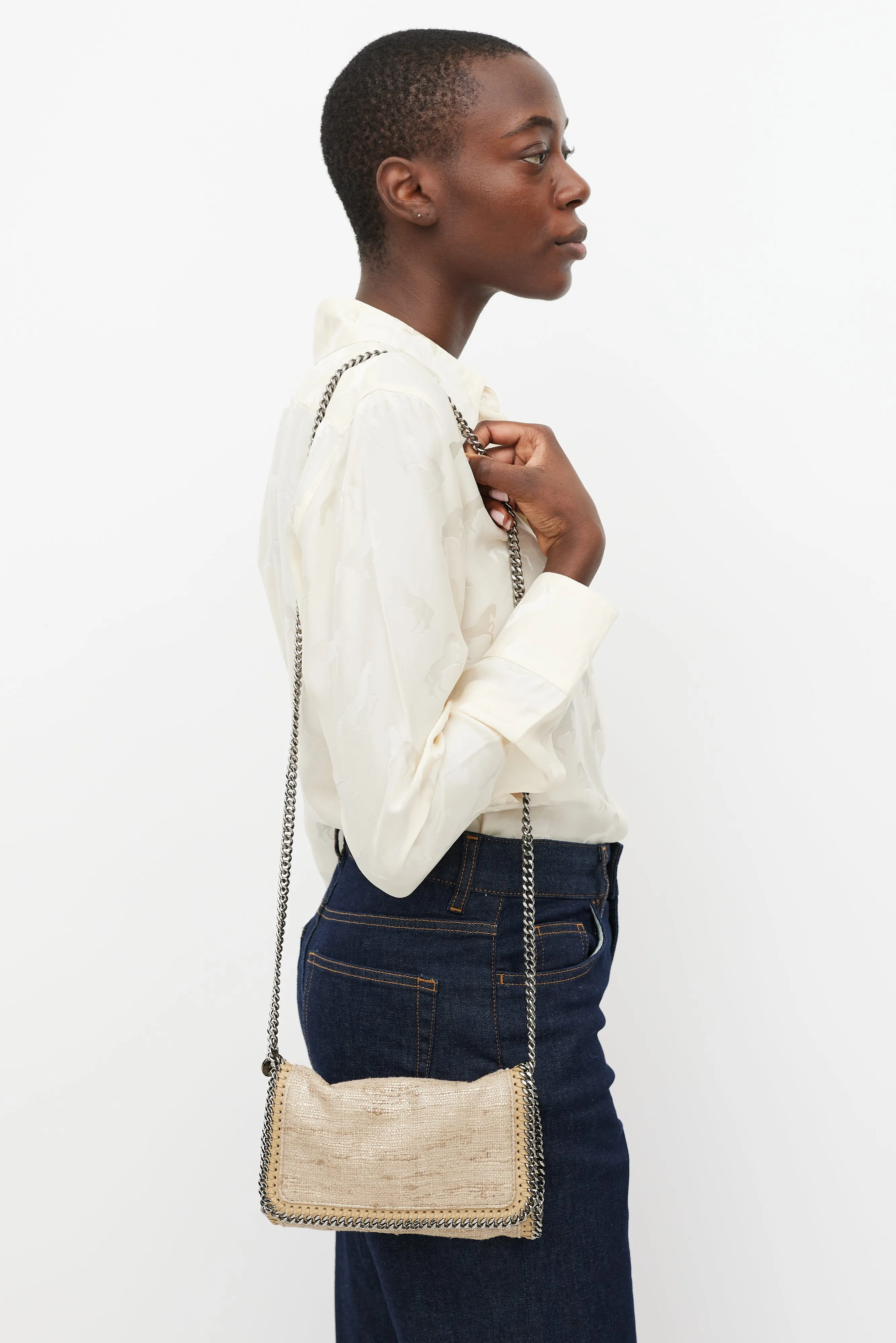 Beige & Silver Falabella Woven Bag