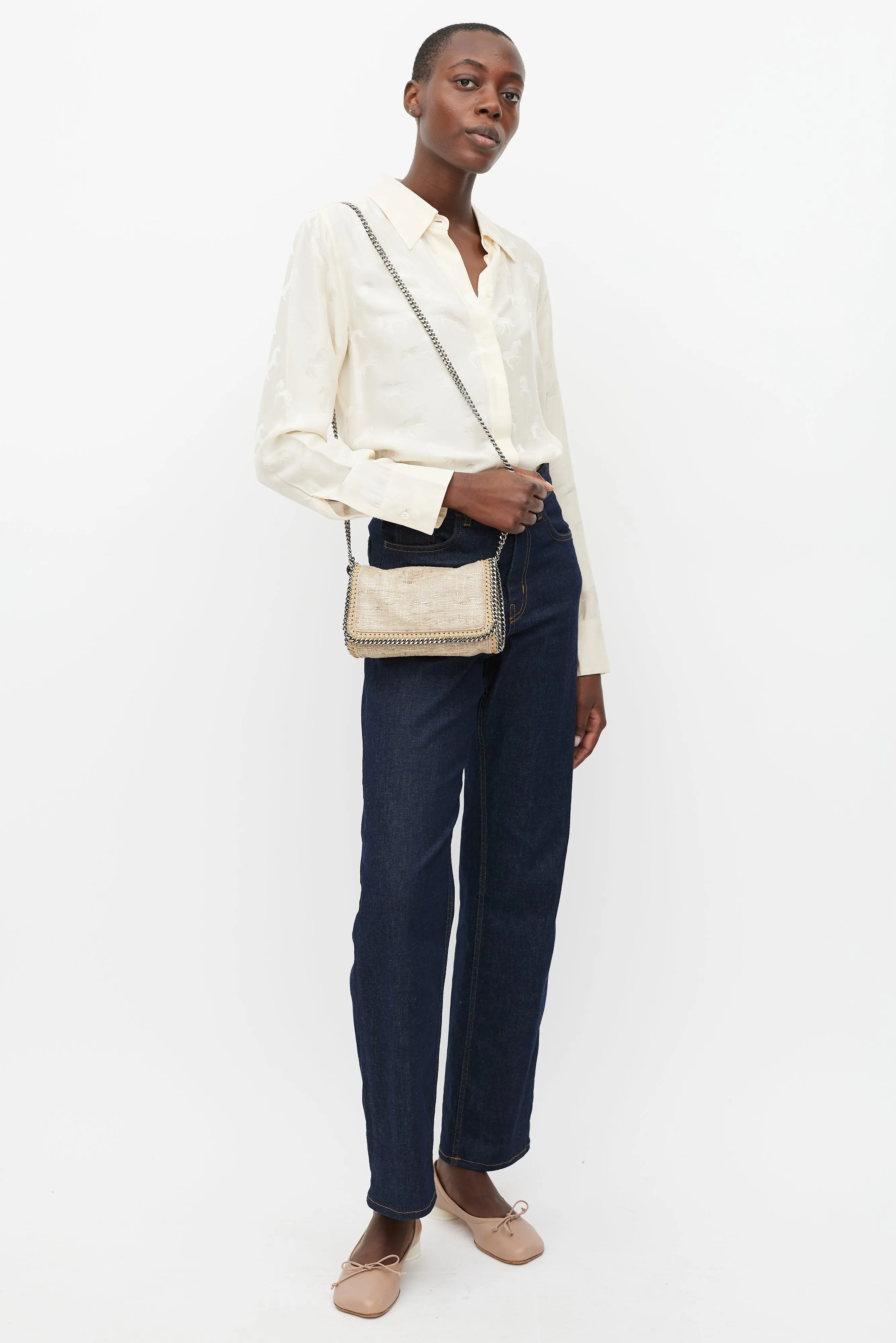 Beige & Silver Falabella Woven Bag