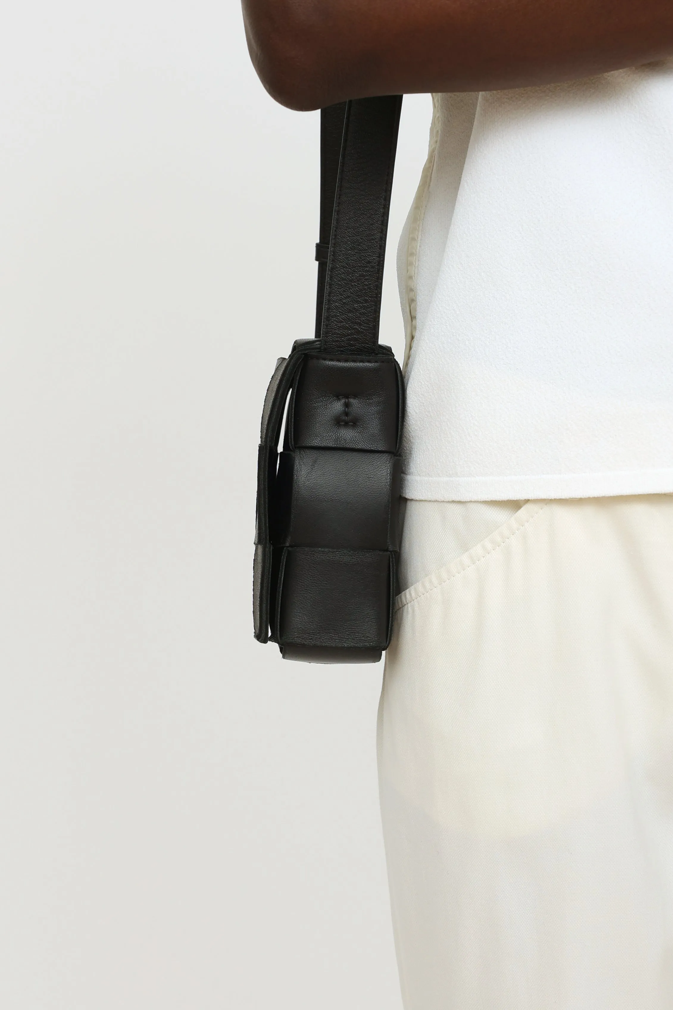 Black Leather Intreccio Cassette Bag