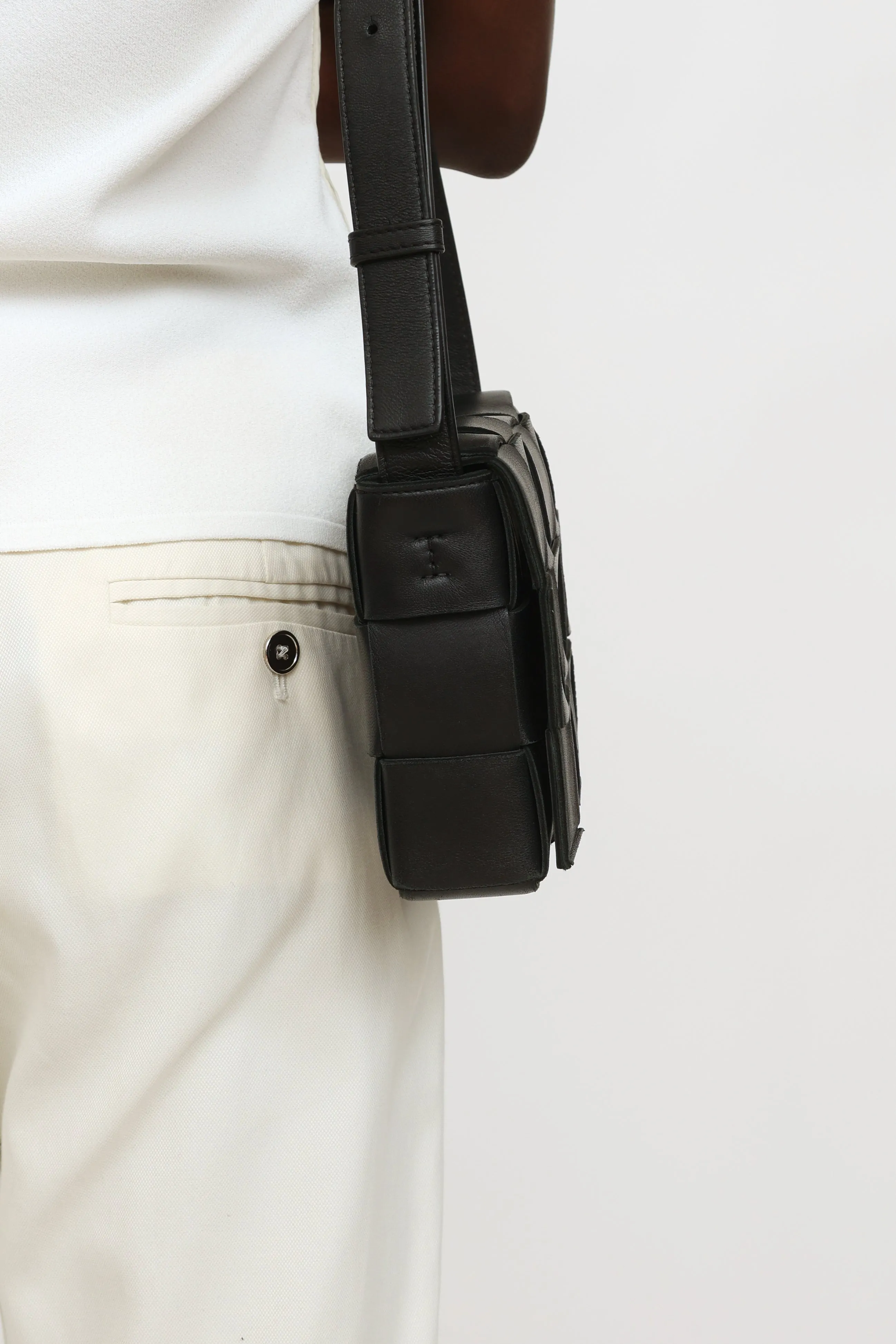 Black Leather Intreccio Cassette Bag