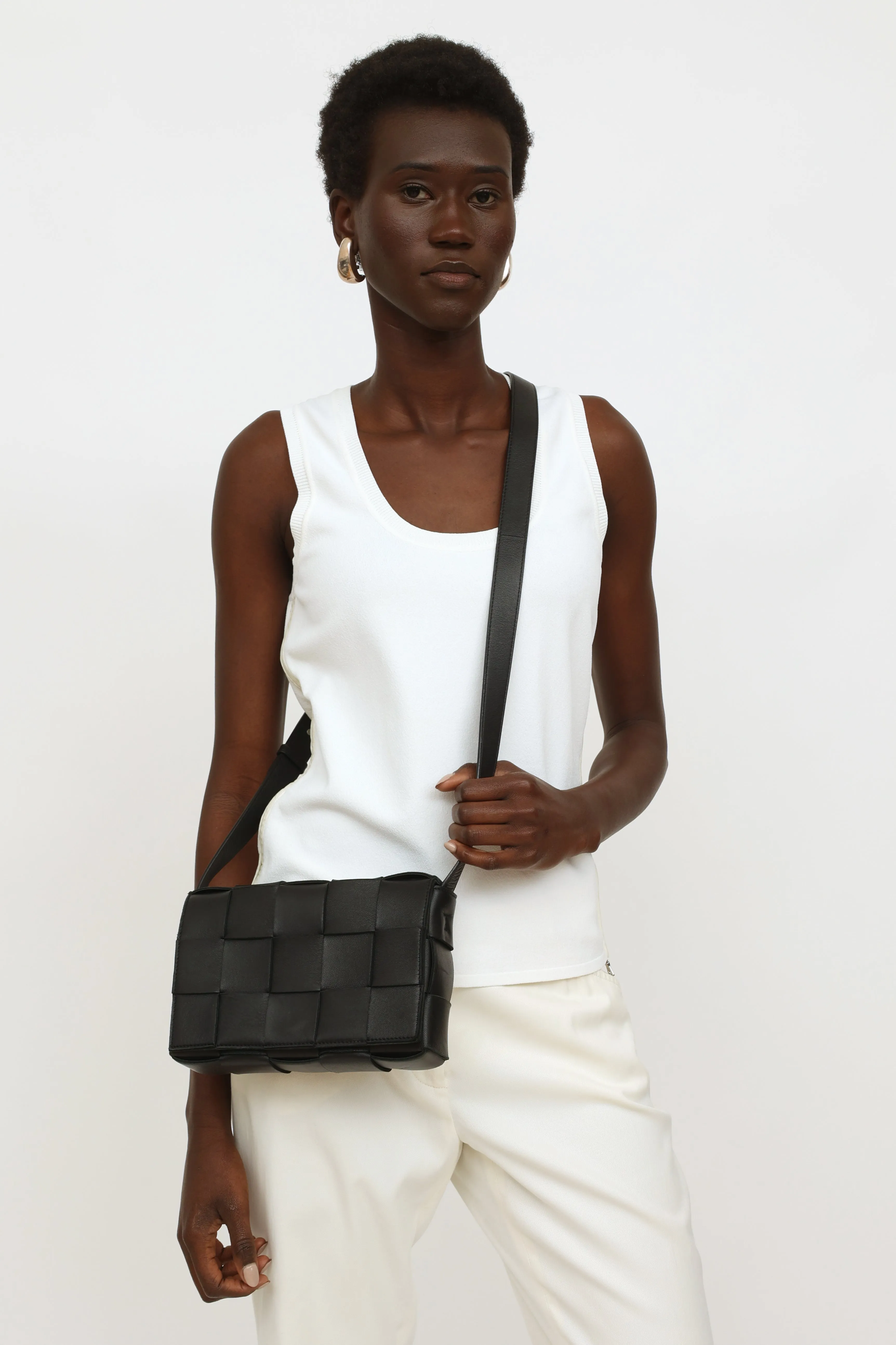 Black Leather Intreccio Cassette Bag