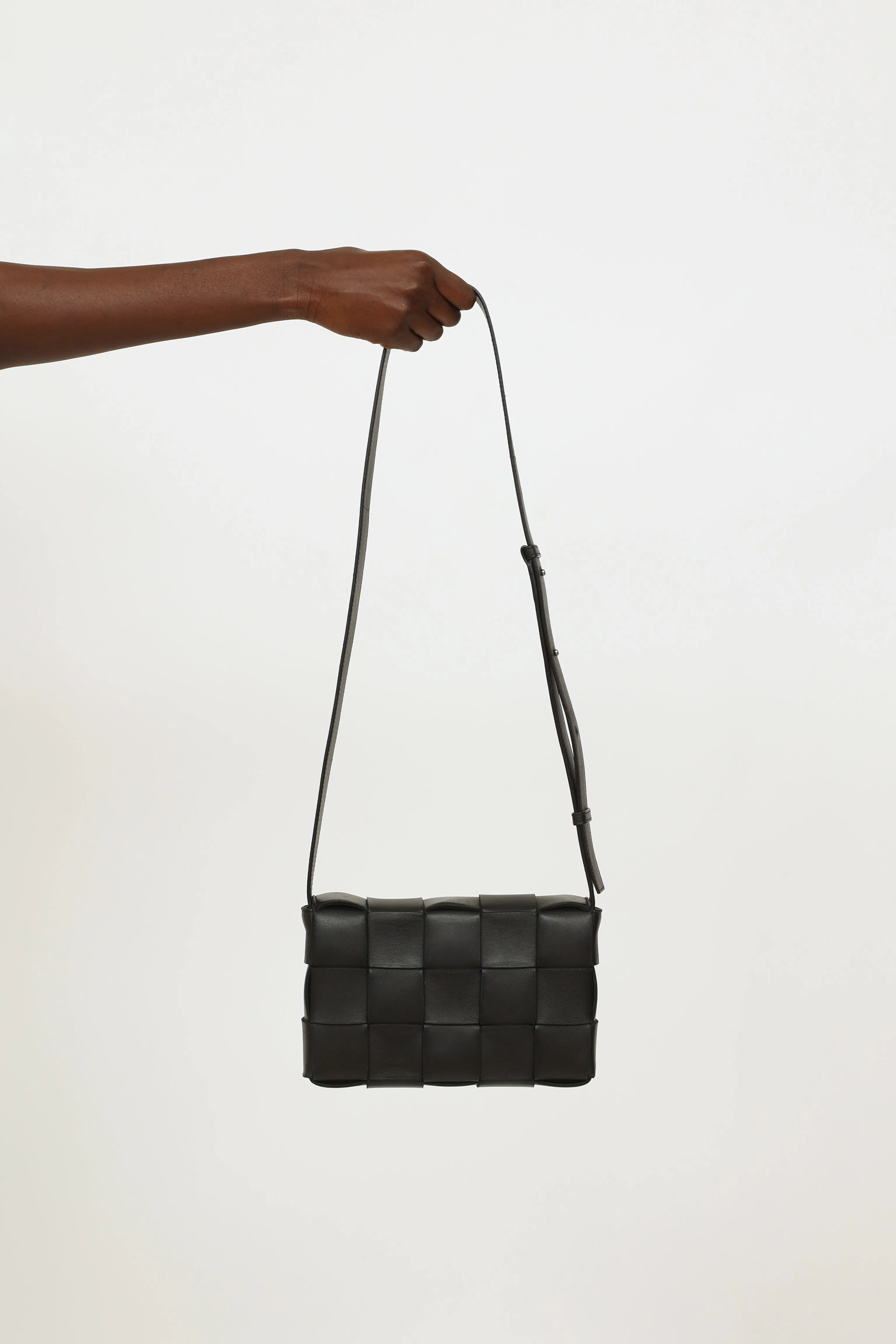 Black Leather Intreccio Cassette Bag