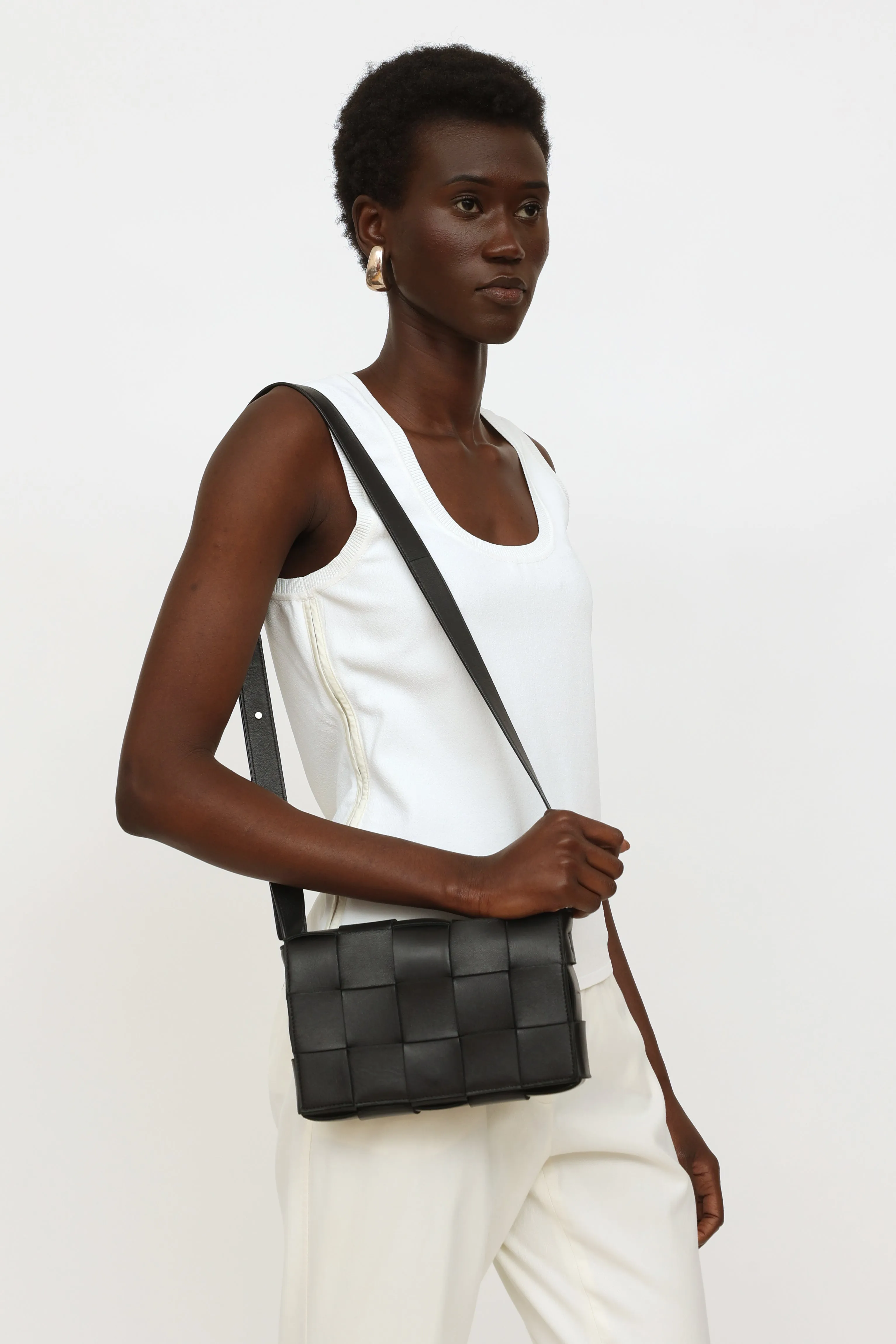 Black Leather Intreccio Cassette Bag