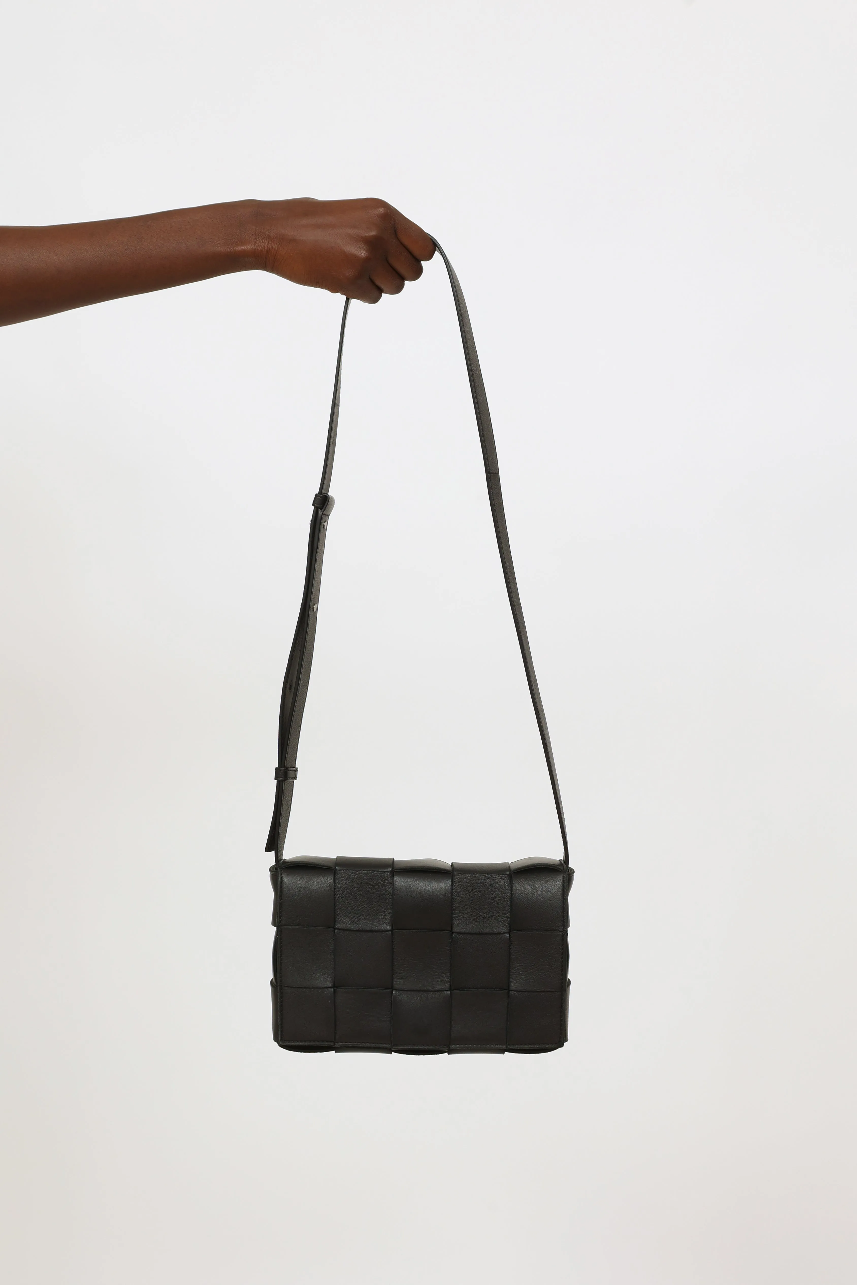 Black Leather Intreccio Cassette Bag