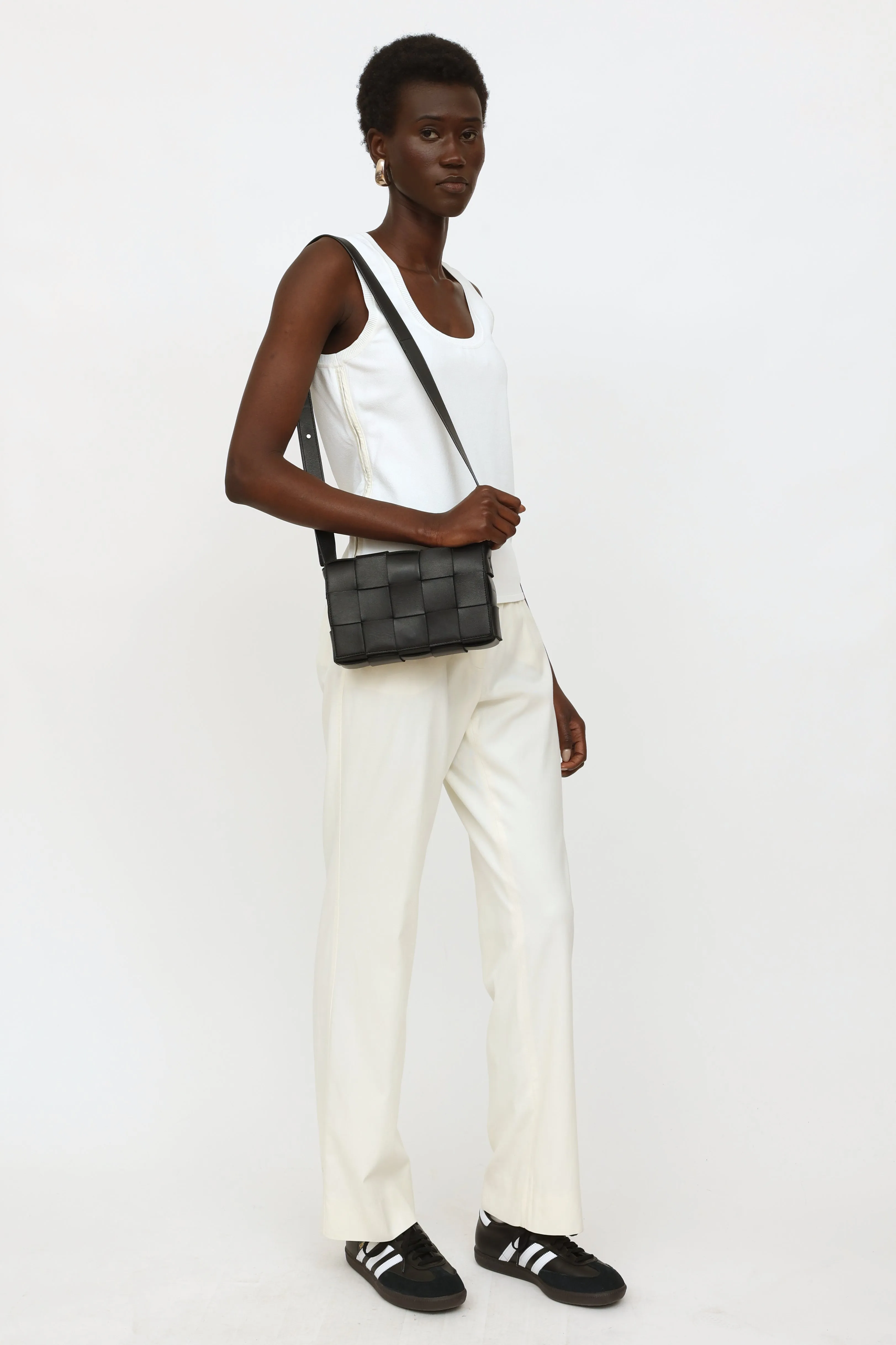 Black Leather Intreccio Cassette Bag