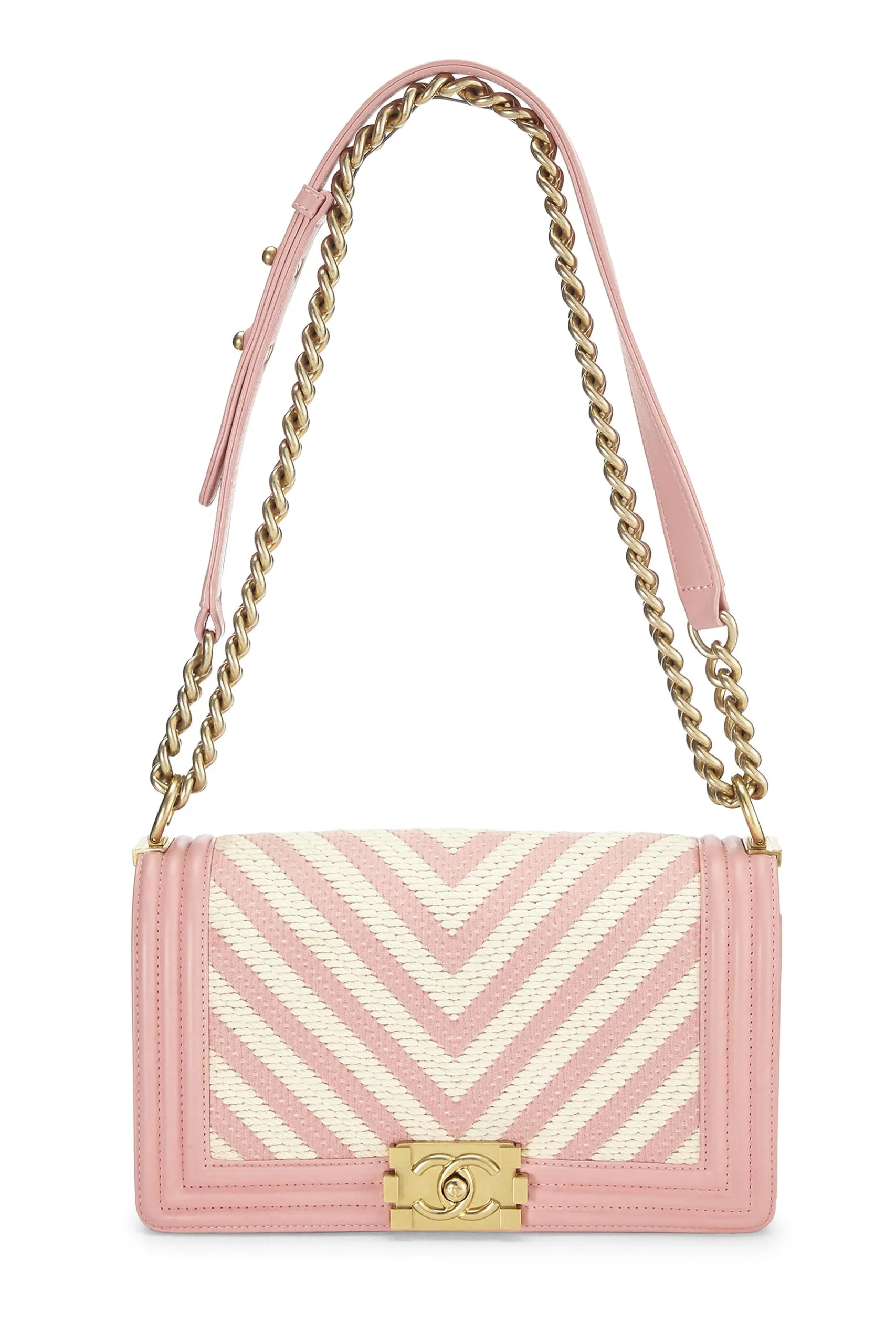 Chanel,  Pink & White Woven Chevron Boy Bag Medium, Pink