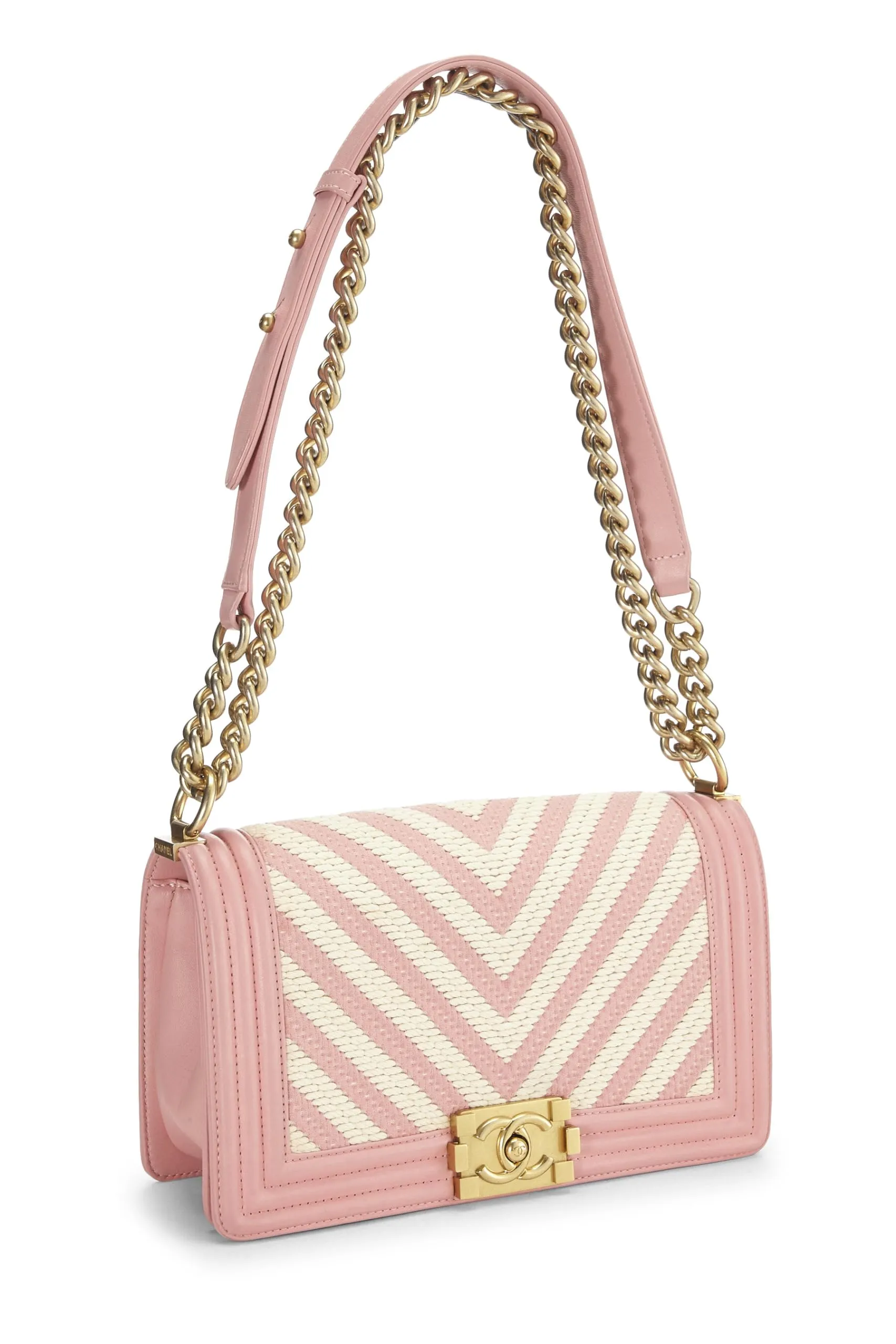 Chanel,  Pink & White Woven Chevron Boy Bag Medium, Pink