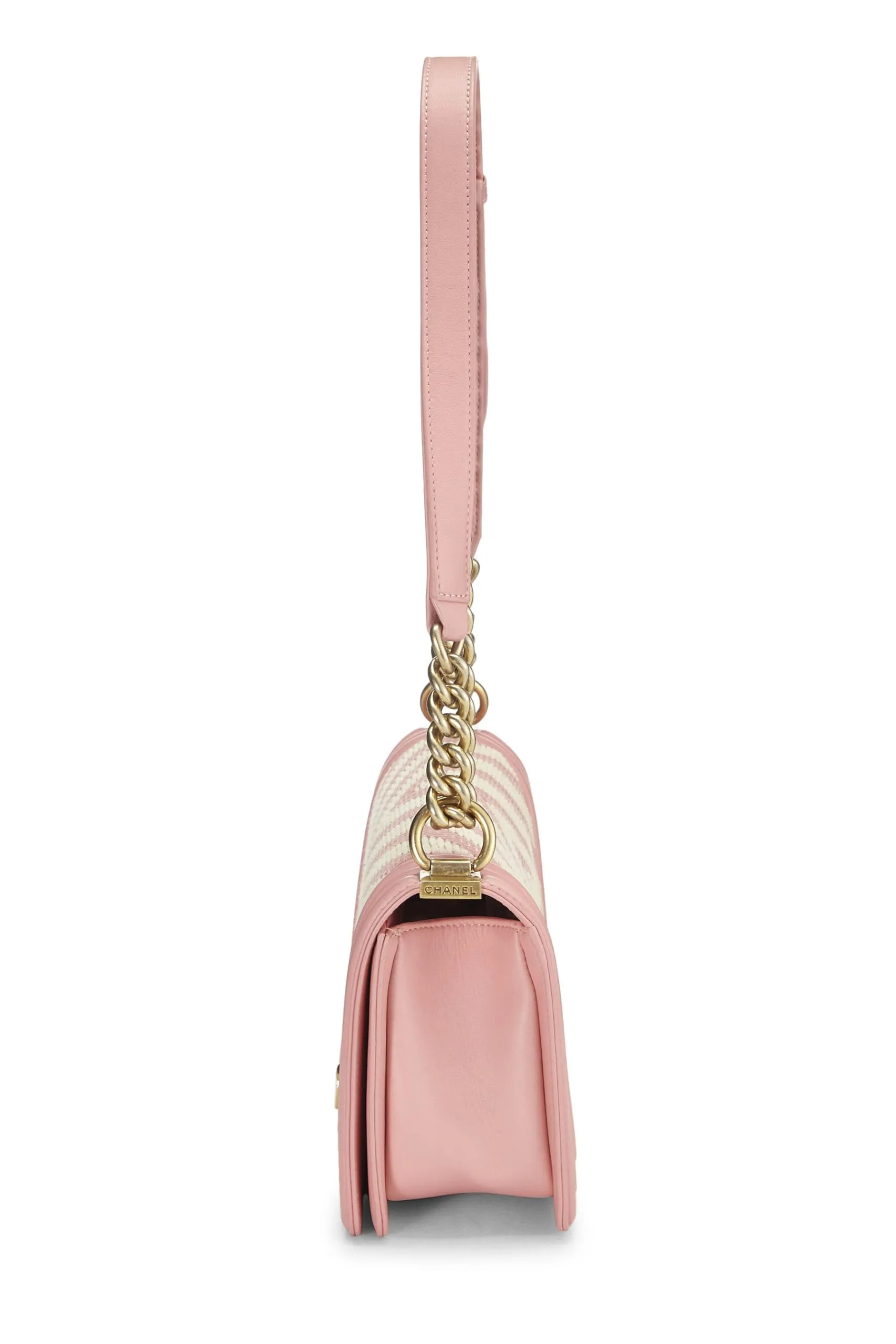 Chanel,  Pink & White Woven Chevron Boy Bag Medium, Pink