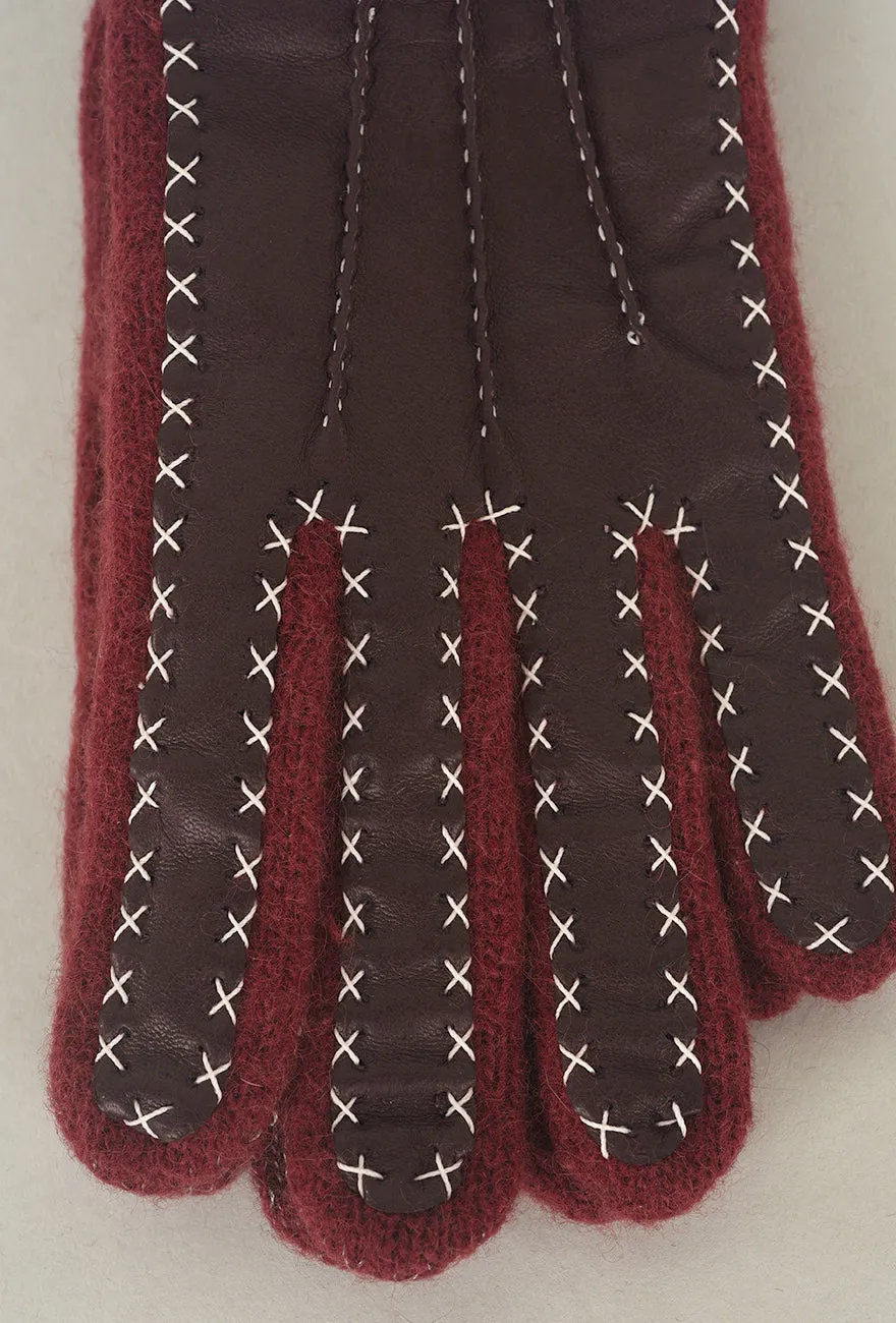 Contrast Stitch Leather/Wool Gloves, Burdeos
