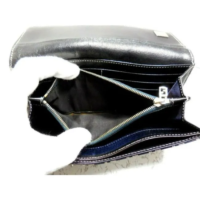 Fendi Navy Grey Small F Logo Print Xl Zucchino With Bold Ff Chrome Clasp Wallet