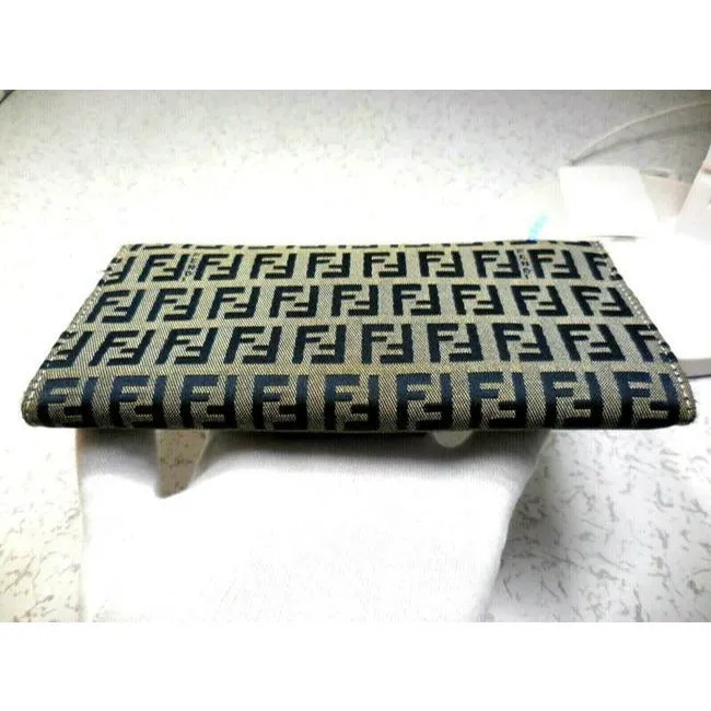 Fendi Navy Grey Small F Logo Print Xl Zucchino With Bold Ff Chrome Clasp Wallet