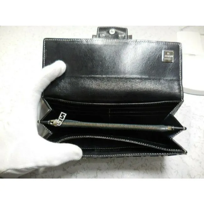 Fendi Navy Grey Small F Logo Print Xl Zucchino With Bold Ff Chrome Clasp Wallet