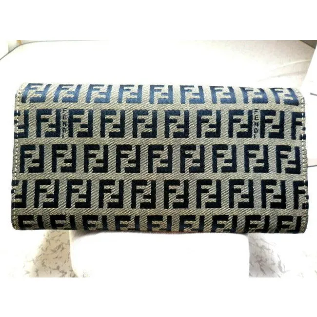 Fendi Navy Grey Small F Logo Print Xl Zucchino With Bold Ff Chrome Clasp Wallet