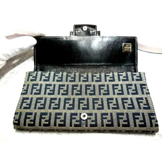 Fendi Navy Grey Small F Logo Print Xl Zucchino With Bold Ff Chrome Clasp Wallet