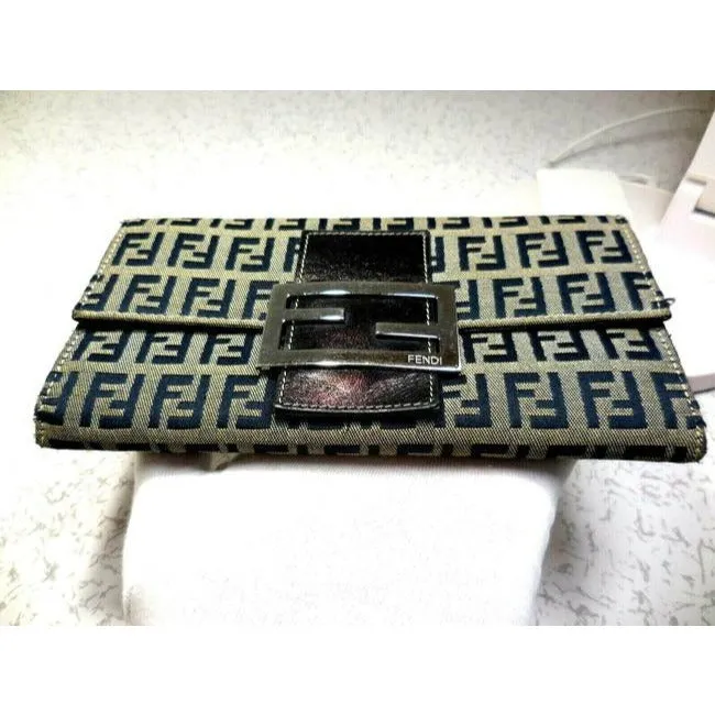 Fendi Navy Grey Small F Logo Print Xl Zucchino With Bold Ff Chrome Clasp Wallet
