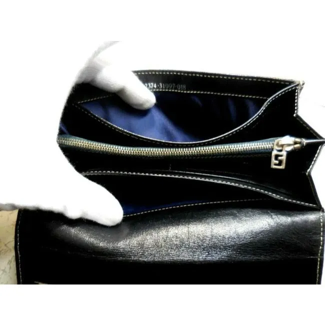 Fendi Navy Grey Small F Logo Print Xl Zucchino With Bold Ff Chrome Clasp Wallet