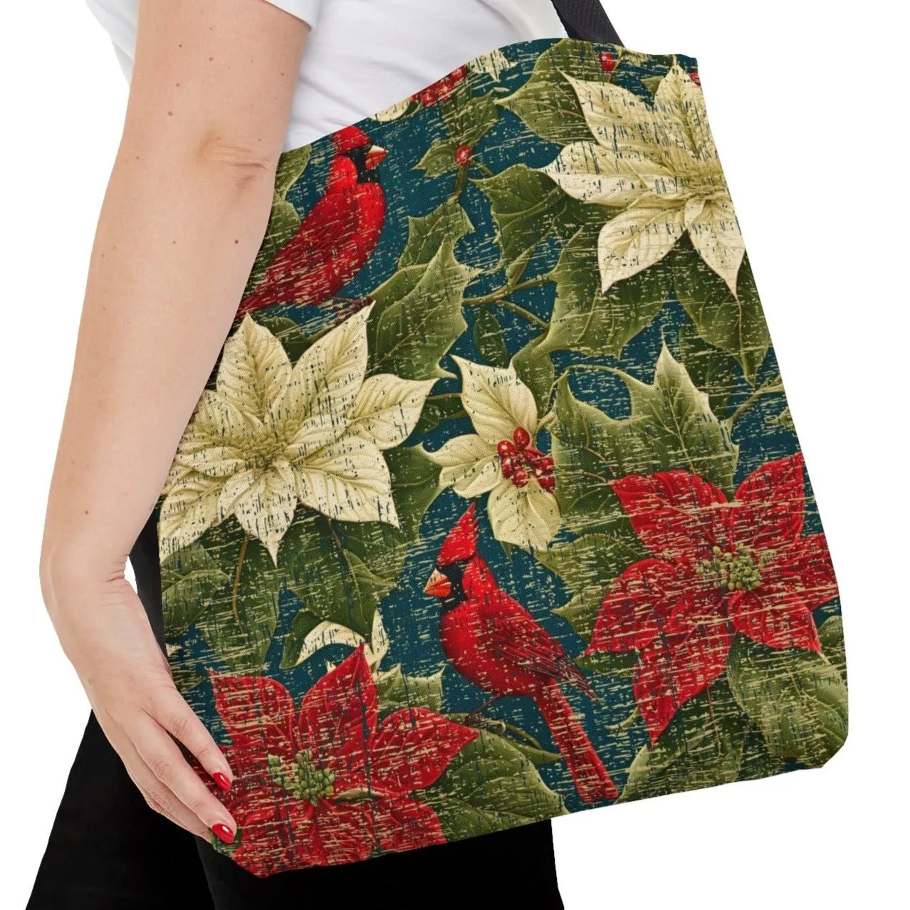 Medium Tote Bag with Cardinals on Elegant Floral Print