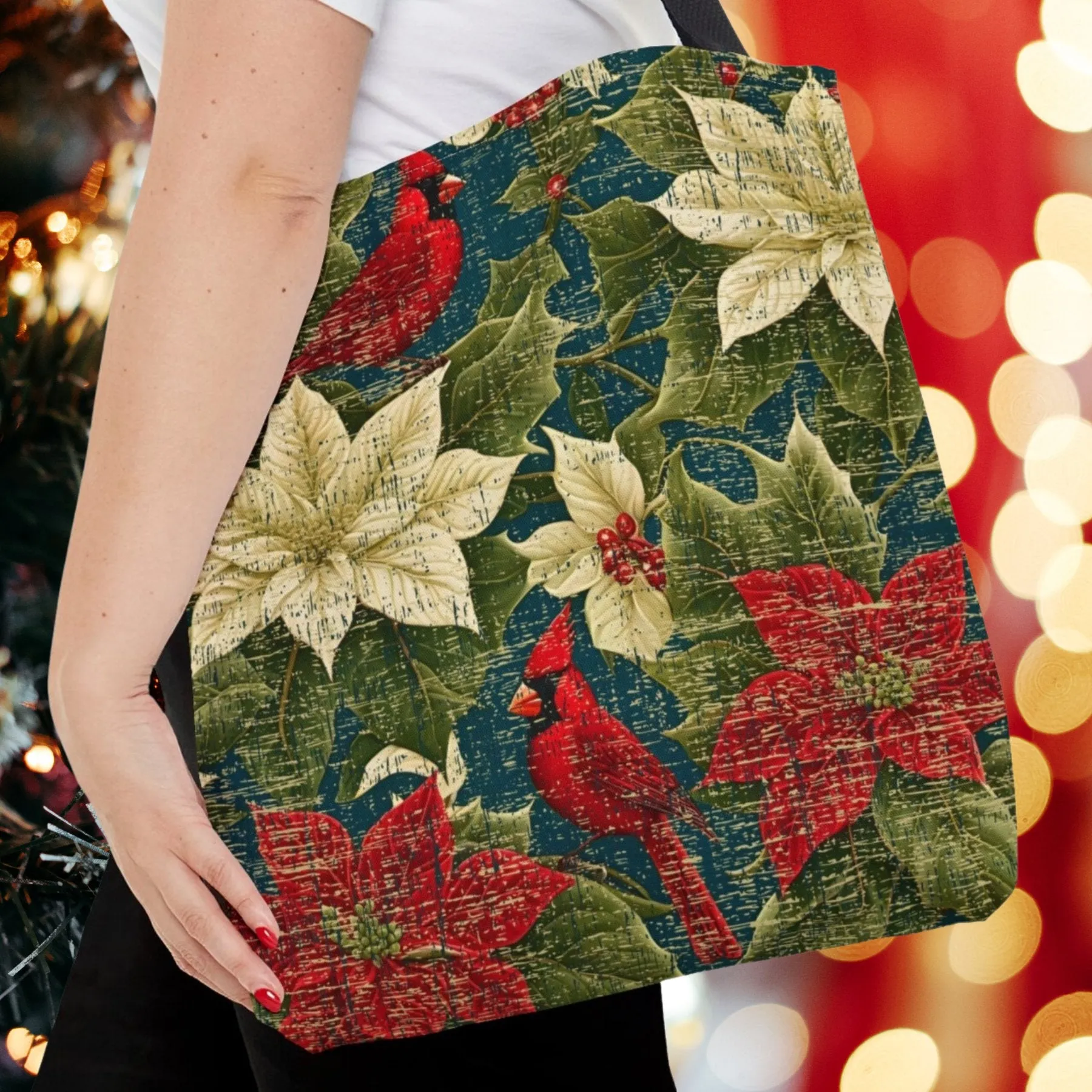Medium Tote Bag with Cardinals on Elegant Floral Print