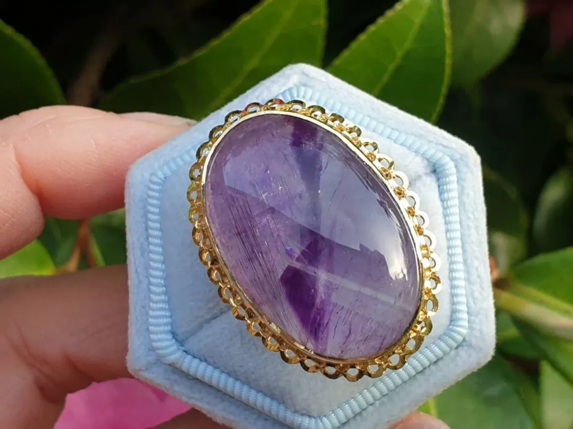 Natural Large Oval Cut Amethyst Cocktail Vintage Rings - 14k Gold Vermeil Rings