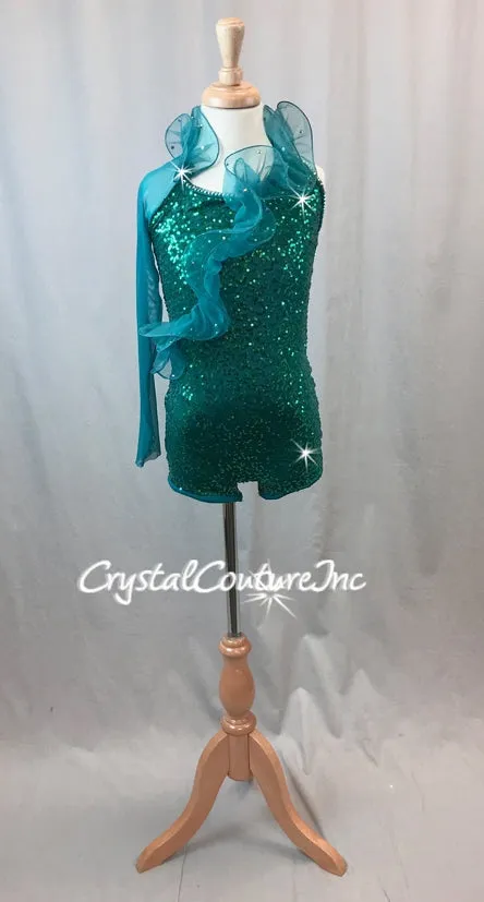 Teal Zsa-Zsa One Sleeve Biketard with Tulle Ruffle - Swarovski Rhinestones