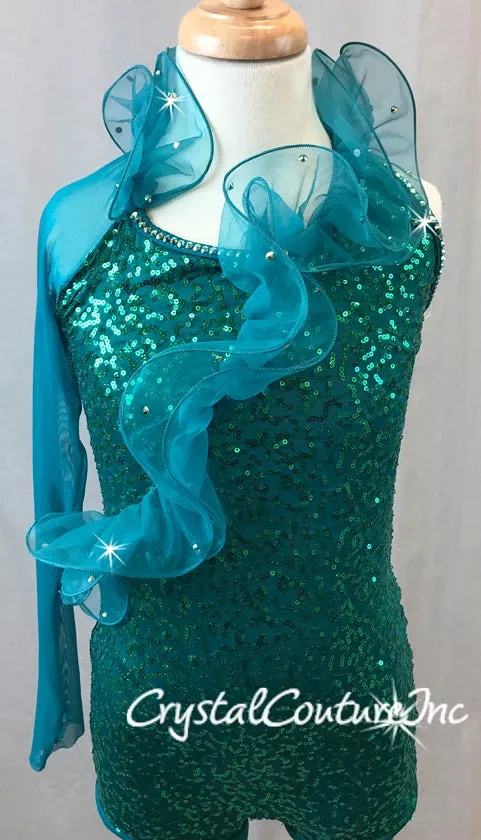 Teal Zsa-Zsa One Sleeve Biketard with Tulle Ruffle - Swarovski Rhinestones